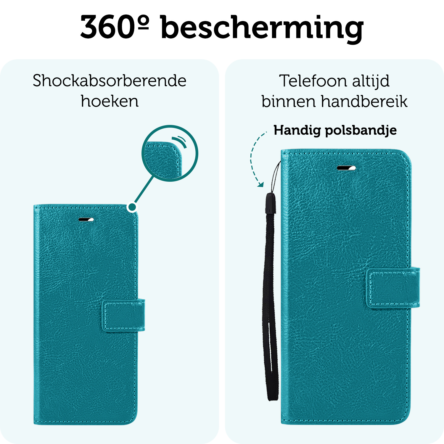 Forterra Hoesje Geschikt voor iPhone 16 Book Case Kunstleer Hoes Met Screenprotector - Hoes Geschikt voor iPhone 16 Hoesje Bookcase Met Pasjeshouder - Turquoise