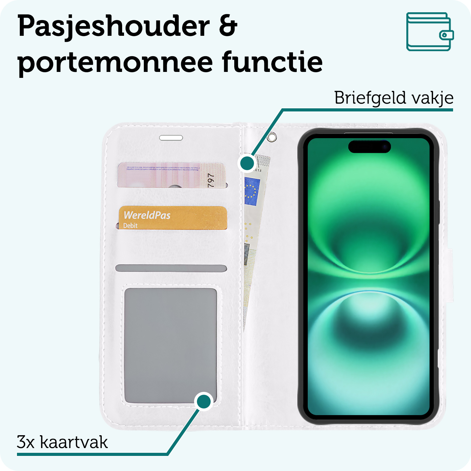 Forterra Hoesje Geschikt voor iPhone 16 Book Case Kunstleer Hoes Met Screenprotector - Hoes Geschikt voor iPhone 16 Hoesje Bookcase Met Pasjeshouder - Wit