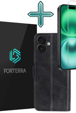 Forterra Hoesje Geschikt voor iPhone 16 Book Case Kunstleer Hoes Met Screenprotector - Hoes Geschikt voor iPhone 16 Hoesje Bookcase Met Pasjeshouder - Zwart