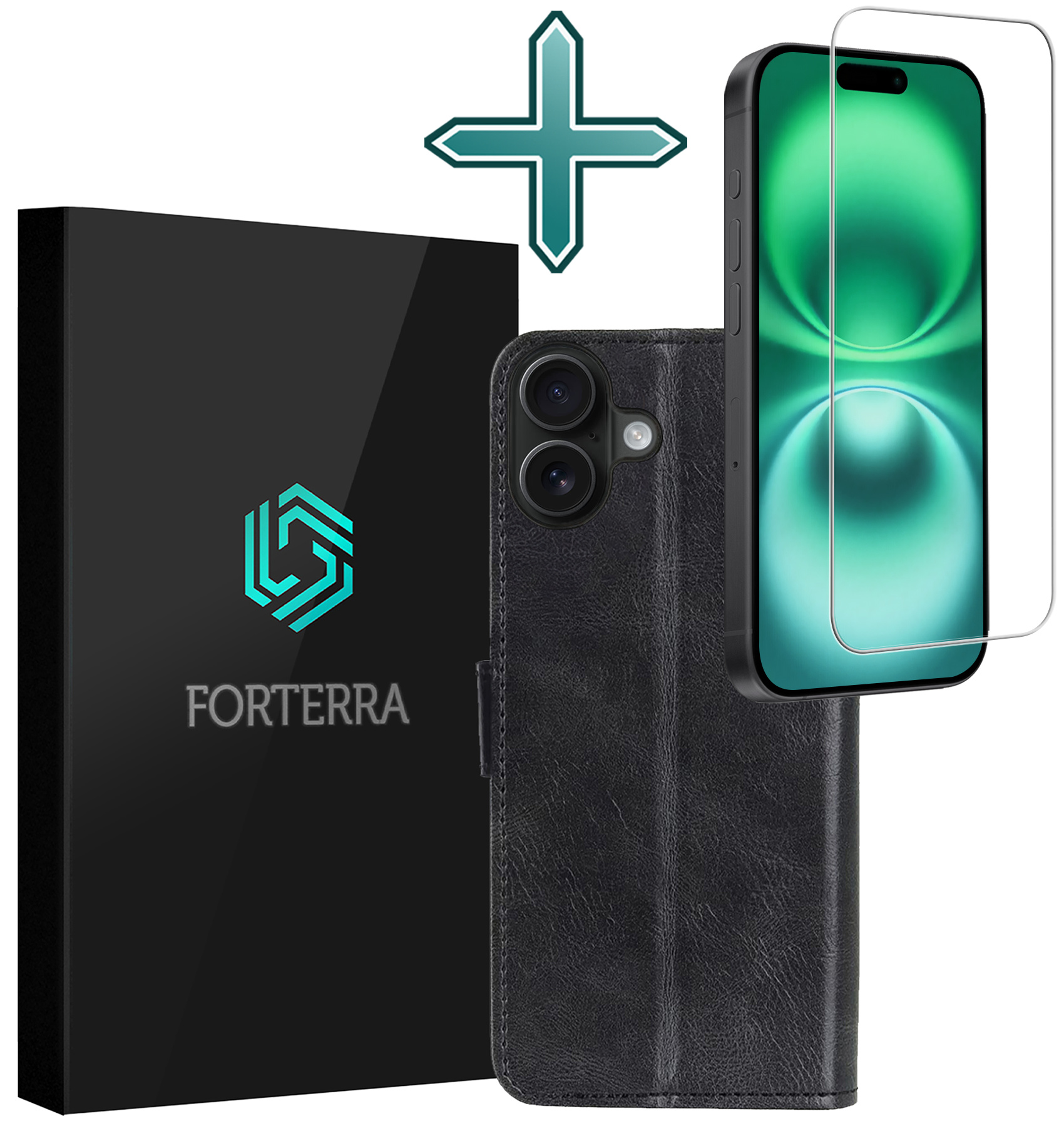 Forterra Hoesje Geschikt voor iPhone 16 Book Case Kunstleer Hoes Met Screenprotector - Hoes Geschikt voor iPhone 16 Hoesje Bookcase Met Pasjeshouder - Zwart