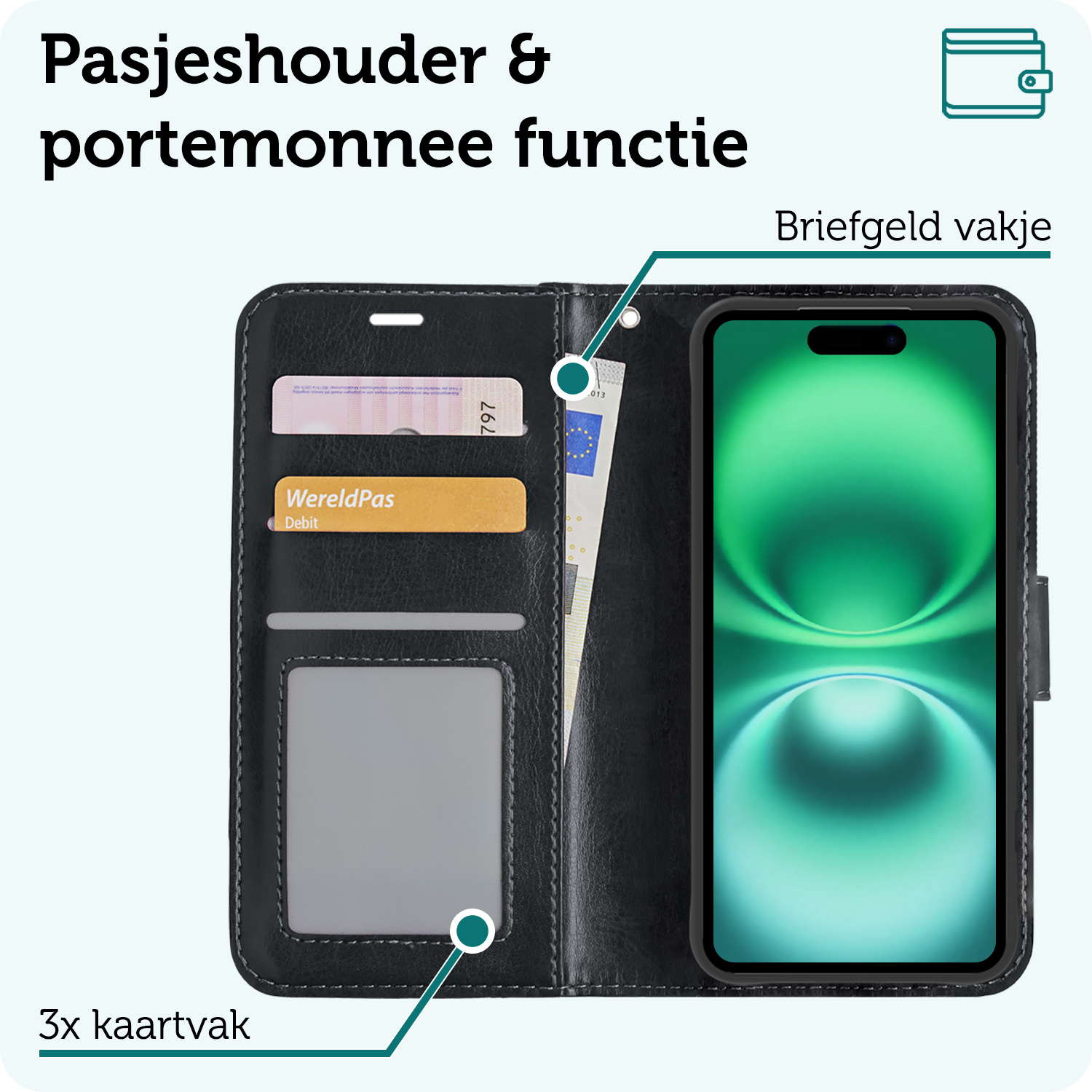 Forterra Hoesje Geschikt voor iPhone 16 Book Case Kunstleer Hoes Met Screenprotector - Hoes Geschikt voor iPhone 16 Hoesje Bookcase Met Pasjeshouder - Zwart