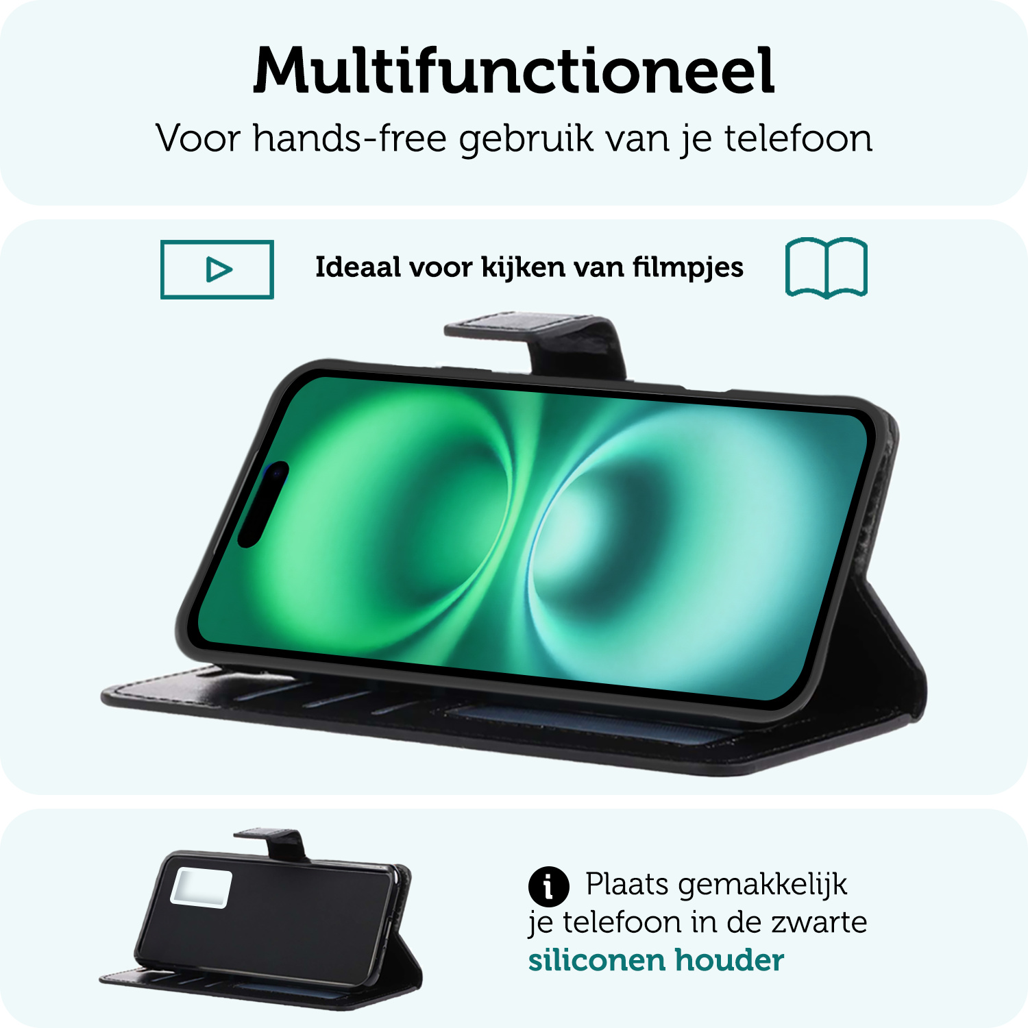 Forterra Hoesje Geschikt voor iPhone 16 Book Case Kunstleer Hoes Met Screenprotector - Hoes Geschikt voor iPhone 16 Hoesje Bookcase Met Pasjeshouder - Zwart