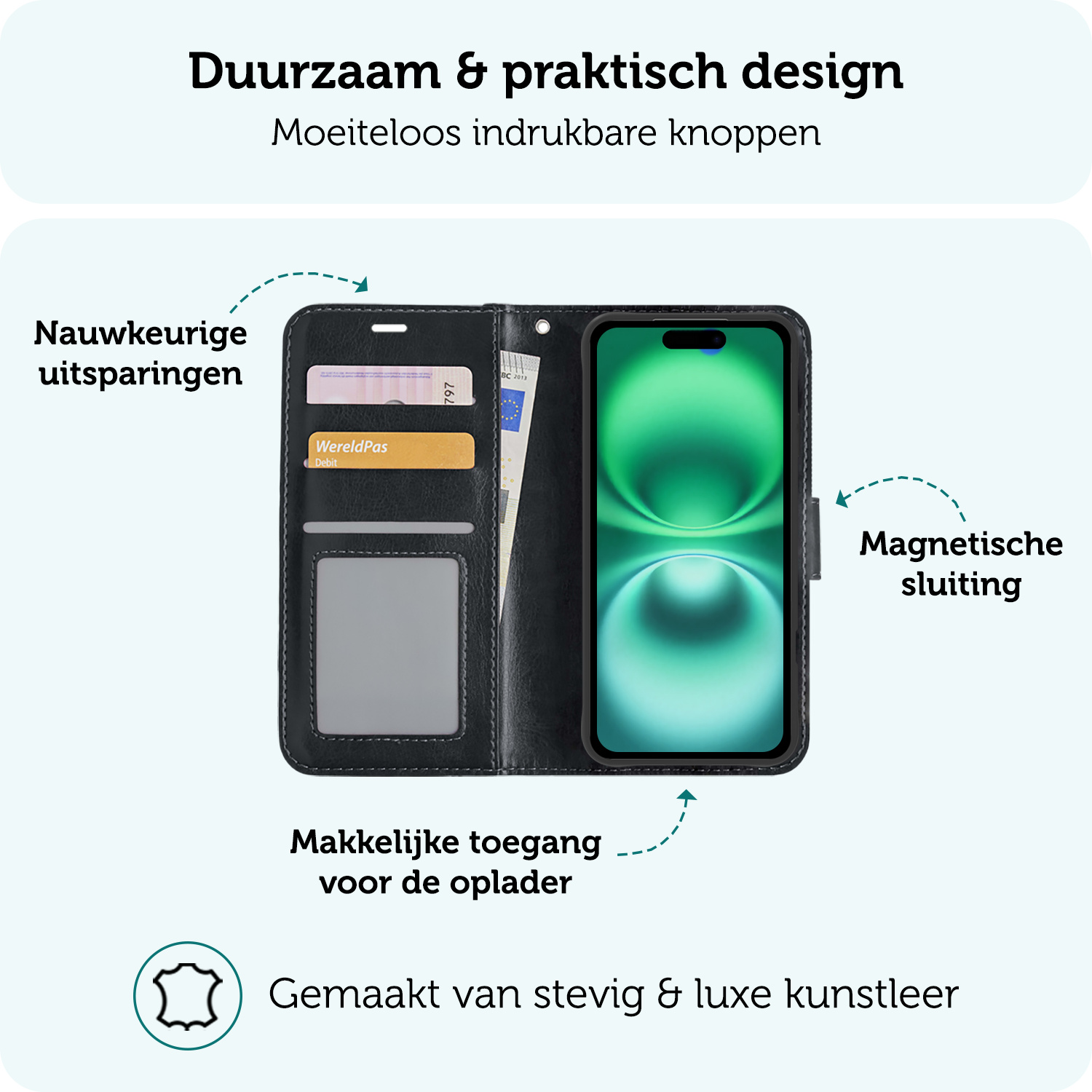 Forterra Hoesje Geschikt voor iPhone 16 Book Case Kunstleer Hoes Met Screenprotector - Hoes Geschikt voor iPhone 16 Hoesje Bookcase Met Pasjeshouder - Zwart