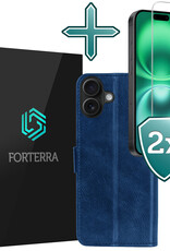 Forterra Hoesje Geschikt voor iPhone 16 Book Case Kunstleer Hoes Met 2x Screenprotector - Hoes Geschikt voor iPhone 16 Hoesje Bookcase Met Pasjeshouder - Donkerblauw