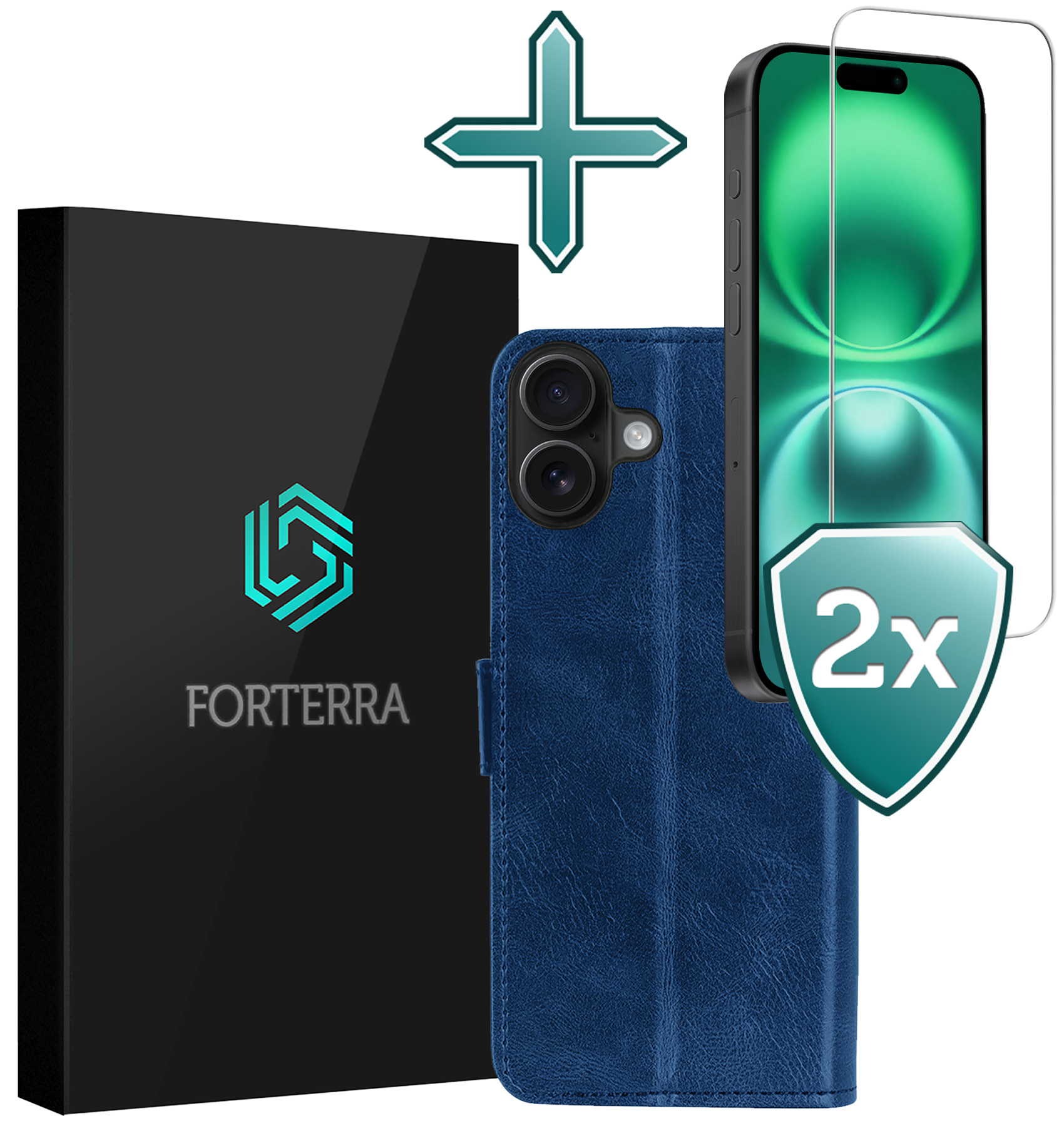 Forterra Hoesje Geschikt voor iPhone 16 Book Case Kunstleer Hoes Met 2x Screenprotector - Hoes Geschikt voor iPhone 16 Hoesje Bookcase Met Pasjeshouder - Donkerblauw