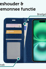 Forterra Hoesje Geschikt voor iPhone 16 Book Case Kunstleer Hoes Met 2x Screenprotector - Hoes Geschikt voor iPhone 16 Hoesje Bookcase Met Pasjeshouder - Donkerblauw