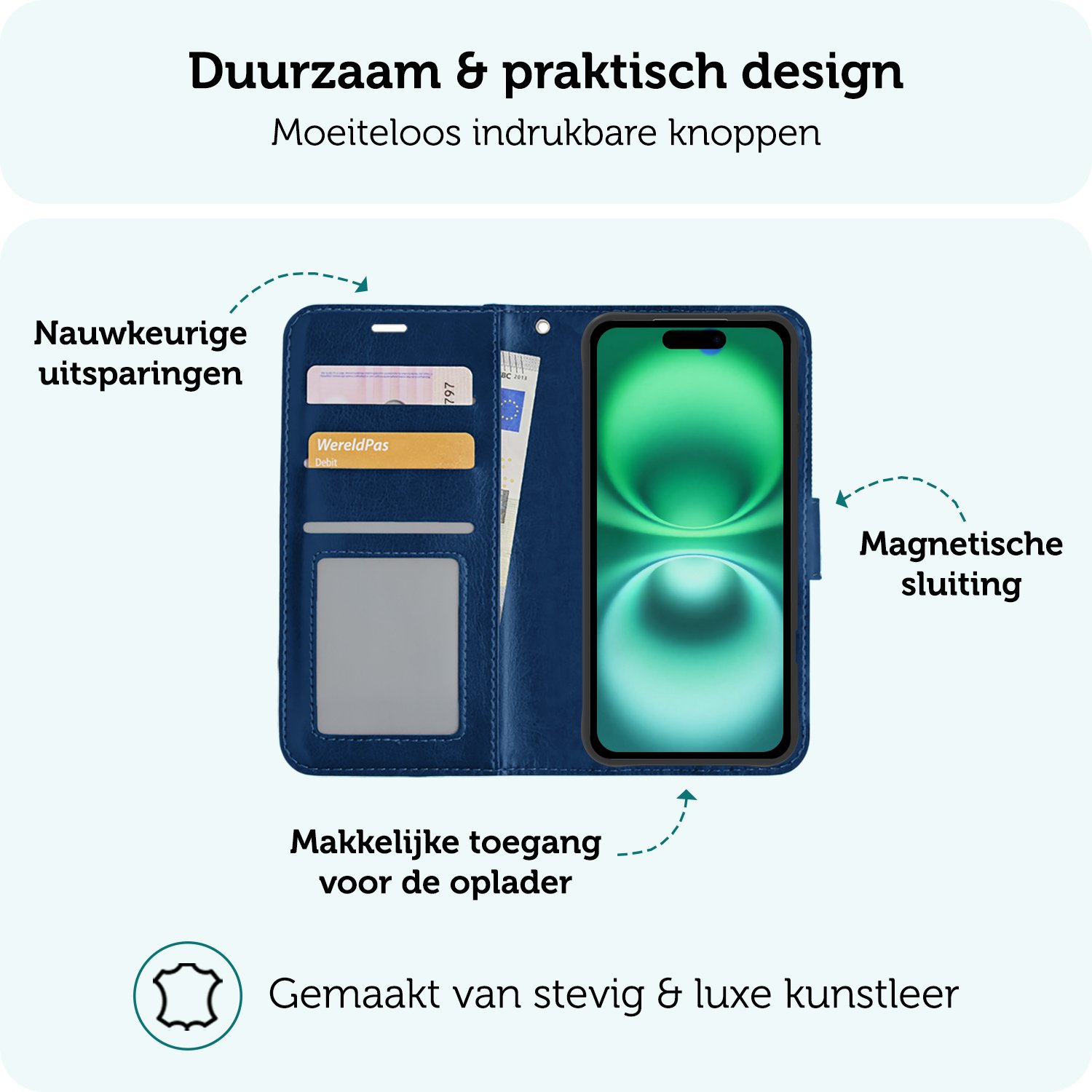 Forterra Hoesje Geschikt voor iPhone 16 Book Case Kunstleer Hoes Met 2x Screenprotector - Hoes Geschikt voor iPhone 16 Hoesje Bookcase Met Pasjeshouder - Donkerblauw