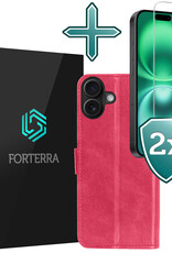 Forterra Hoesje Geschikt voor iPhone 16 Book Case Kunstleer Hoes Met 2x Screenprotector - Hoes Geschikt voor iPhone 16 Hoesje Bookcase Met Pasjeshouder - Donkerroze