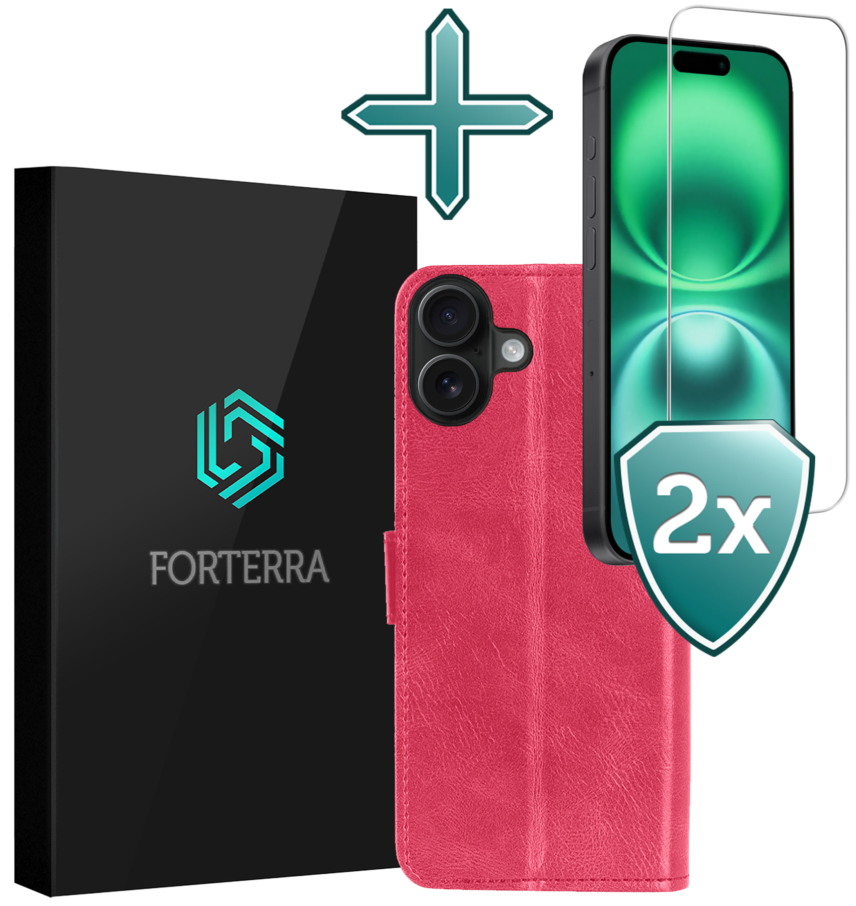 Forterra Hoesje Geschikt voor iPhone 16 Book Case Kunstleer Hoes Met 2x Screenprotector - Hoes Geschikt voor iPhone 16 Hoesje Bookcase Met Pasjeshouder - Donkerroze