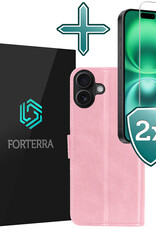 Forterra Hoesje Geschikt voor iPhone 16 Book Case Kunstleer Hoes Met 2x Screenprotector - Hoes Geschikt voor iPhone 16 Hoesje Bookcase Met Pasjeshouder - Lichtroze