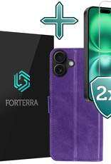 Forterra Hoesje Geschikt voor iPhone 16 Book Case Kunstleer Hoes Met 2x Screenprotector - Hoes Geschikt voor iPhone 16 Hoesje Bookcase Met Pasjeshouder - Paars