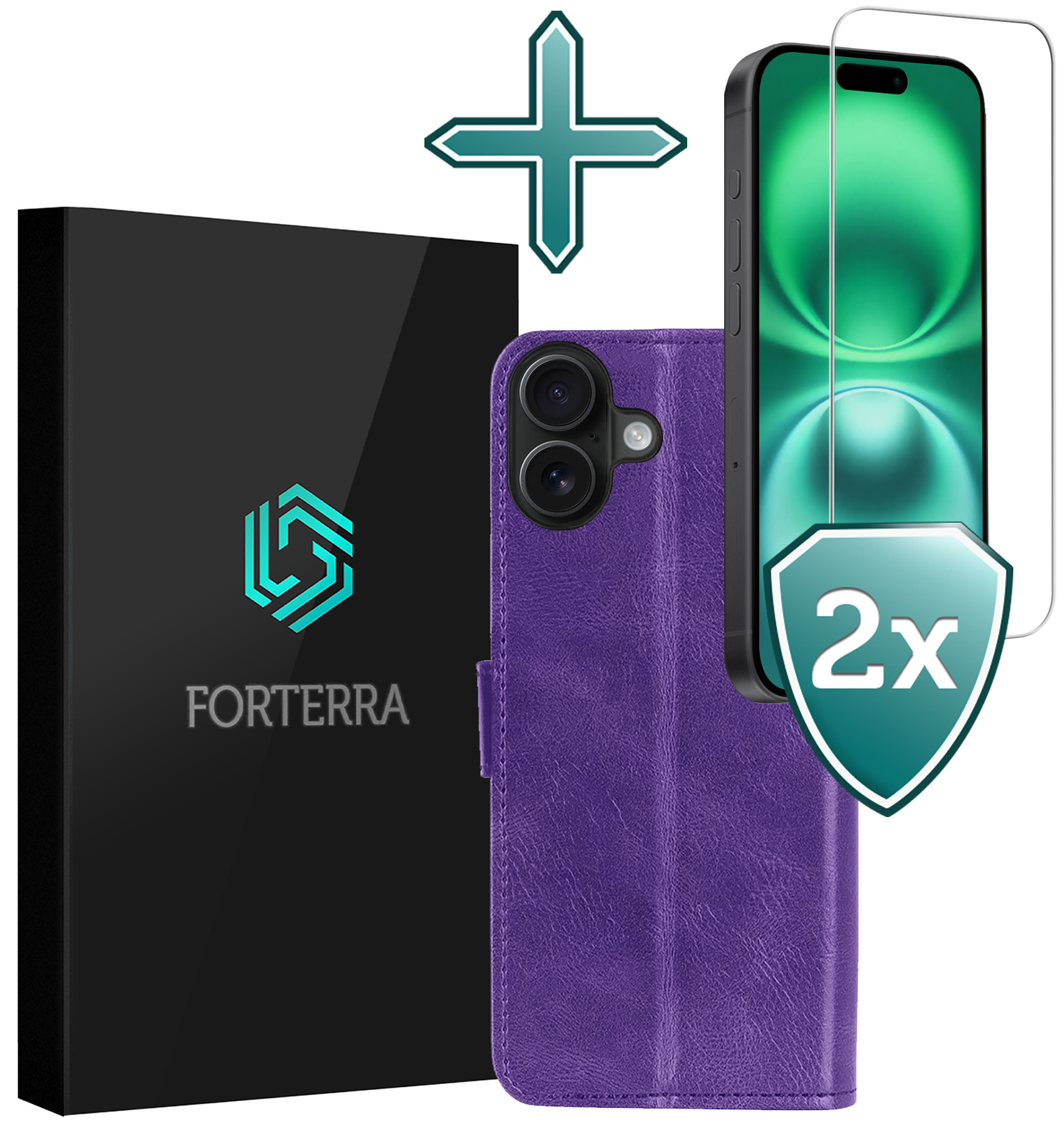 Forterra Hoesje Geschikt voor iPhone 16 Book Case Kunstleer Hoes Met 2x Screenprotector - Hoes Geschikt voor iPhone 16 Hoesje Bookcase Met Pasjeshouder - Paars