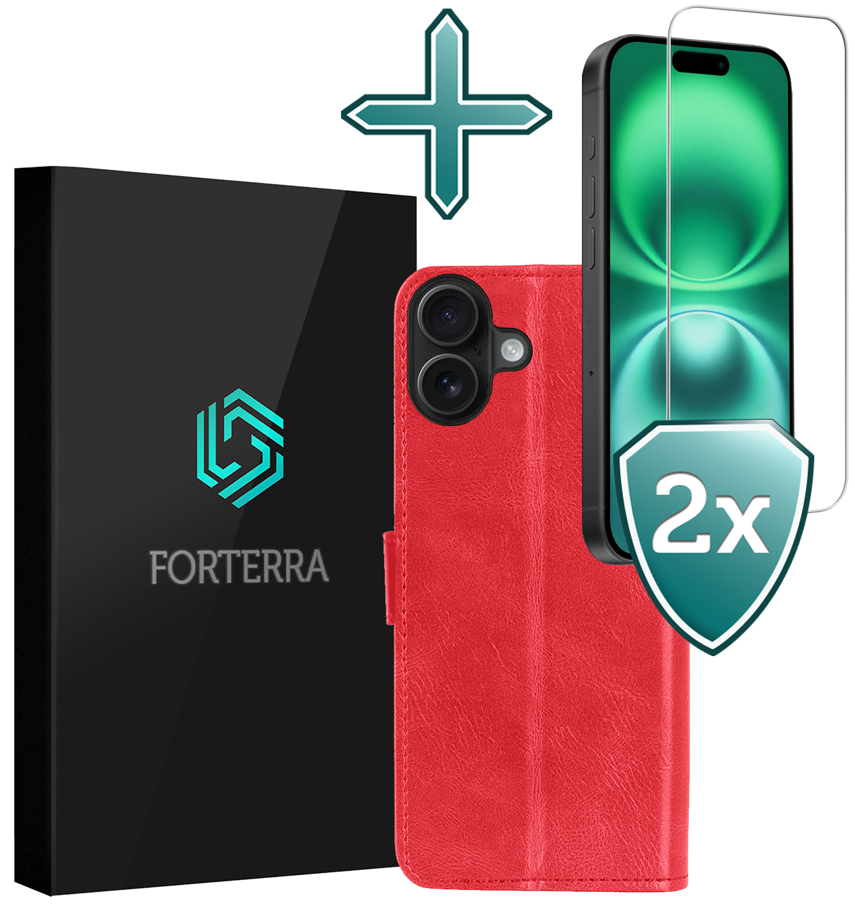 Forterra Hoesje Geschikt voor iPhone 16 Book Case Kunstleer Hoes Met 2x Screenprotector - Hoes Geschikt voor iPhone 16 Hoesje Bookcase Met Pasjeshouder - Rood