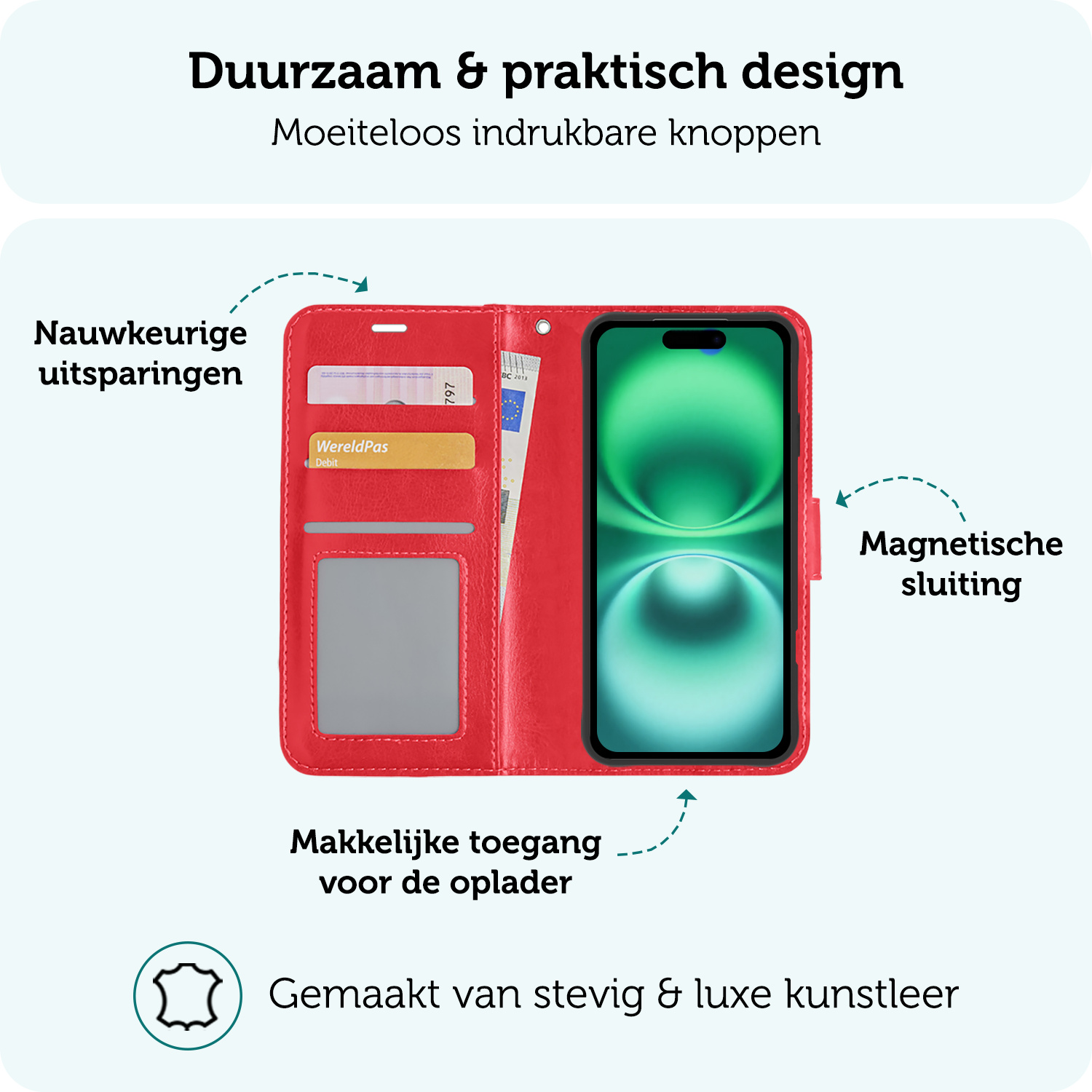 Forterra Hoesje Geschikt voor iPhone 16 Book Case Kunstleer Hoes Met 2x Screenprotector - Hoes Geschikt voor iPhone 16 Hoesje Bookcase Met Pasjeshouder - Rood