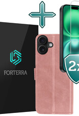 Forterra Hoesje Geschikt voor iPhone 16 Book Case Kunstleer Hoes Met 2x Screenprotector - Hoes Geschikt voor iPhone 16 Hoesje Bookcase Met Pasjeshouder - Rosé goud