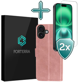 Forterra Forterra iPhone 16 Hoesje Bookcase Met 2x Screenprotector - Rose Goud