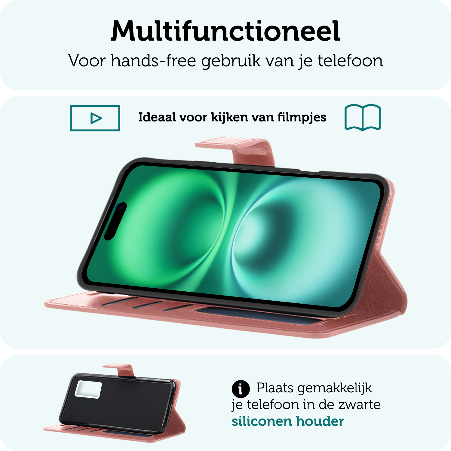 Forterra Hoesje Geschikt voor iPhone 16 Book Case Kunstleer Hoes Met 2x Screenprotector - Hoes Geschikt voor iPhone 16 Hoesje Bookcase Met Pasjeshouder - Rosé goud