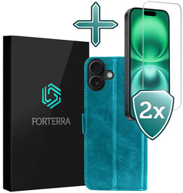 Forterra Forterra iPhone 16 Hoesje Bookcase Met 2x Screenprotector - Turquoise
