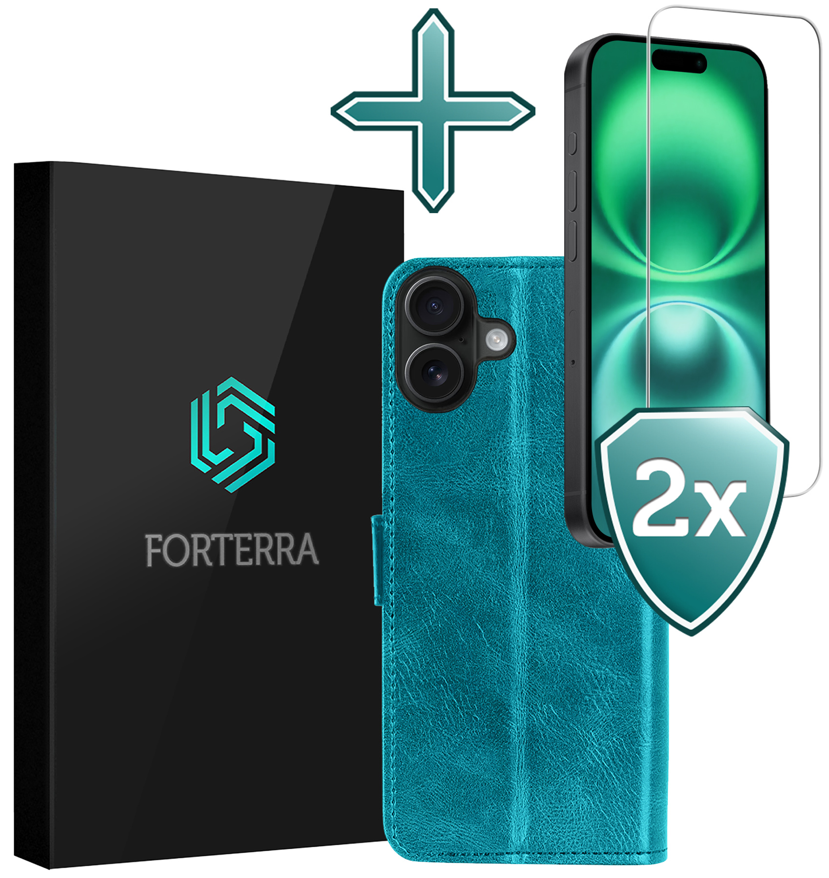 Forterra Hoesje Geschikt voor iPhone 16 Book Case Kunstleer Hoes Met 2x Screenprotector - Hoes Geschikt voor iPhone 16 Hoesje Bookcase Met Pasjeshouder - Turquoise