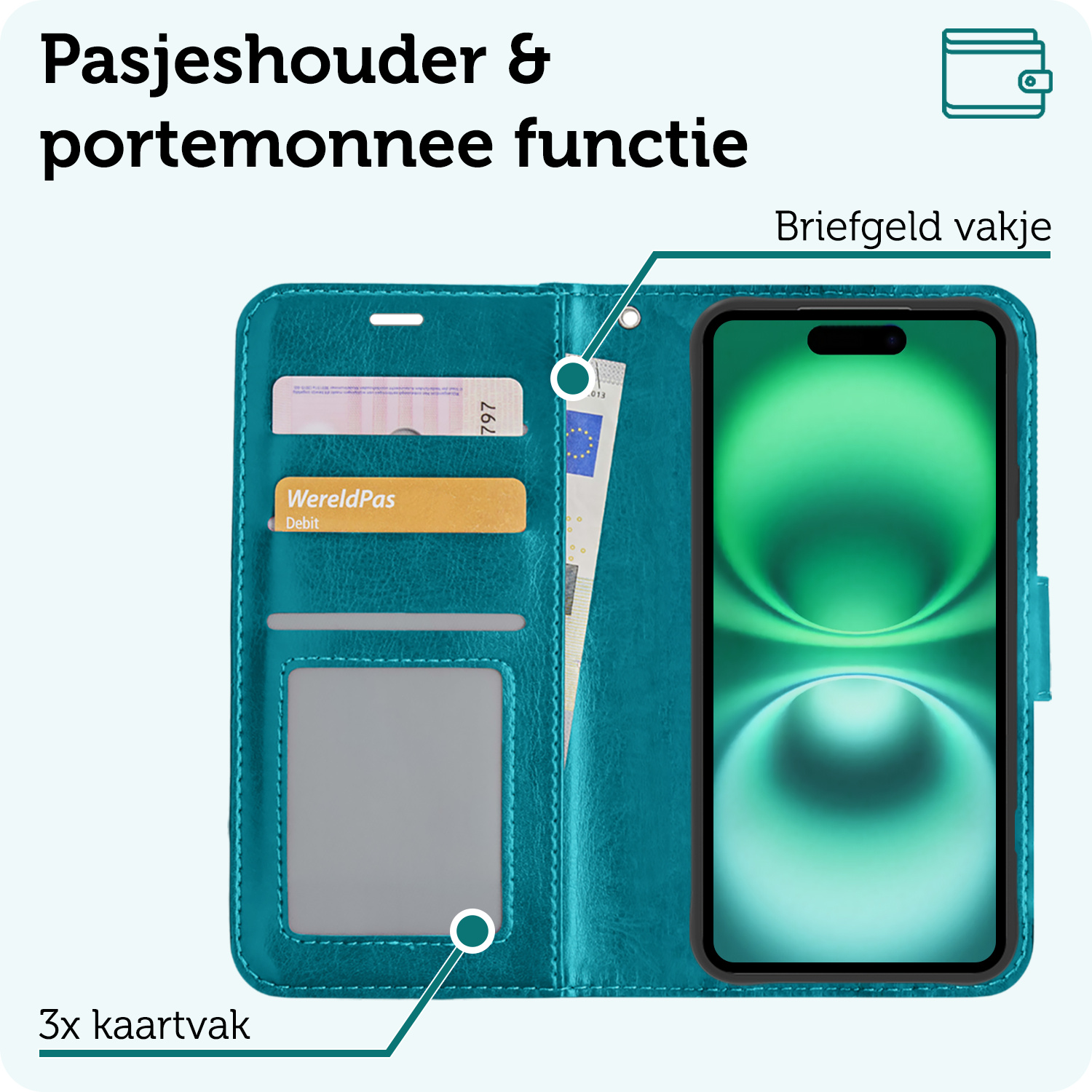 Forterra Hoesje Geschikt voor iPhone 16 Book Case Kunstleer Hoes Met 2x Screenprotector - Hoes Geschikt voor iPhone 16 Hoesje Bookcase Met Pasjeshouder - Turquoise