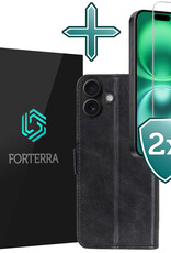 Forterra Hoesje Geschikt voor iPhone 16 Book Case Kunstleer Hoes Met 2x Screenprotector - Hoes Geschikt voor iPhone 16 Hoesje Bookcase Met Pasjeshouder - Zwart