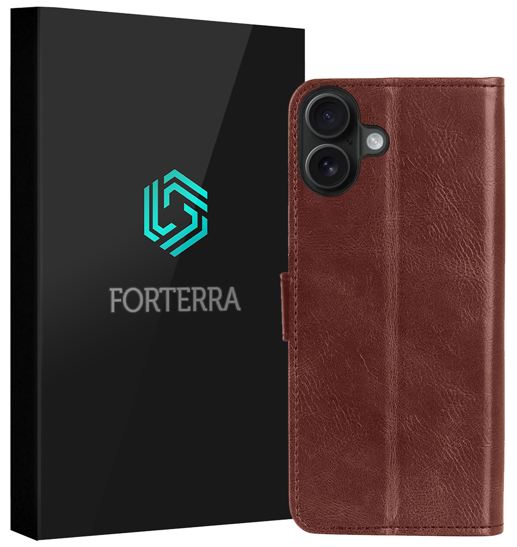 Forterra Hoesje Geschikt voor iPhone 16 Plus Book Case Kunstleer Hoes - Hoes Geschikt voor iPhone 16 Plus Hoesje Bookcase Met Pasjeshouder - Bruin