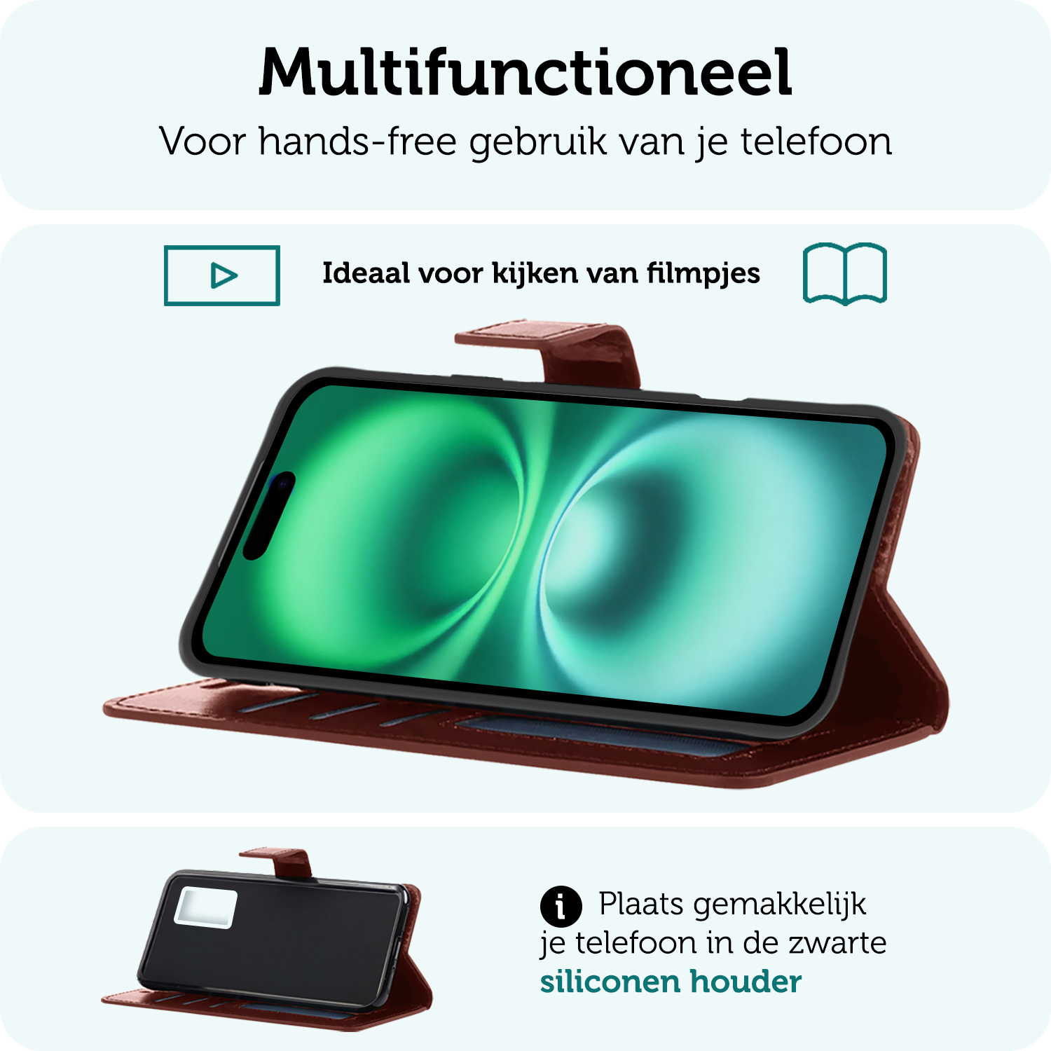 Forterra Hoesje Geschikt voor iPhone 16 Plus Book Case Kunstleer Hoes - Hoes Geschikt voor iPhone 16 Plus Hoesje Bookcase Met Pasjeshouder - Bruin