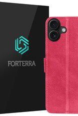 Forterra Hoesje Geschikt voor iPhone 16 Plus Book Case Kunstleer Hoes - Hoes Geschikt voor iPhone 16 Plus Hoesje Bookcase Met Pasjeshouder - Donkerroze