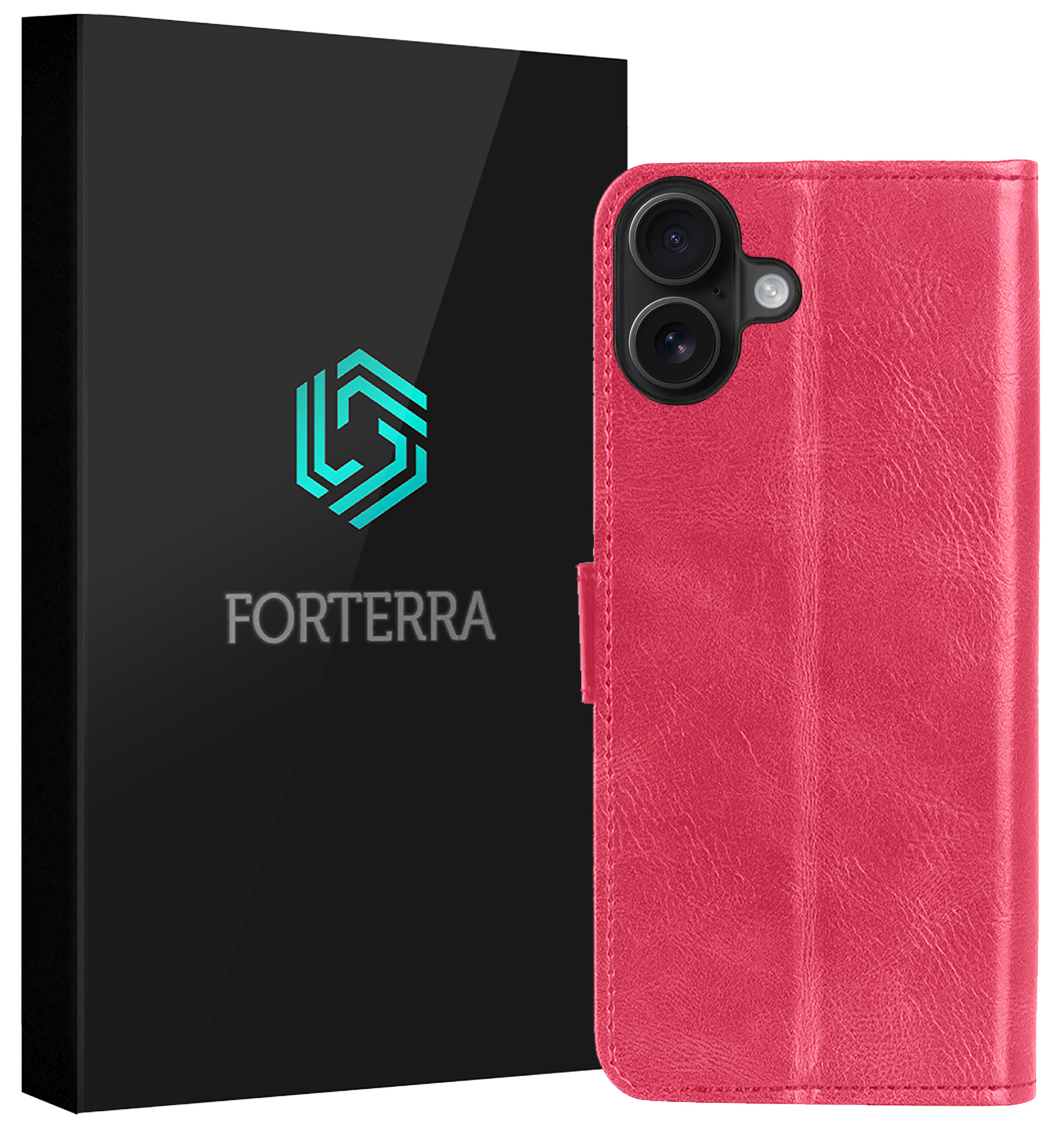 Forterra Hoesje Geschikt voor iPhone 16 Plus Book Case Kunstleer Hoes - Hoes Geschikt voor iPhone 16 Plus Hoesje Bookcase Met Pasjeshouder - Donkerroze