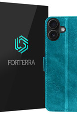 Forterra Hoesje Geschikt voor iPhone 16 Plus Book Case Kunstleer Hoes - Hoes Geschikt voor iPhone 16 Plus Hoesje Bookcase Met Pasjeshouder - Turquoise