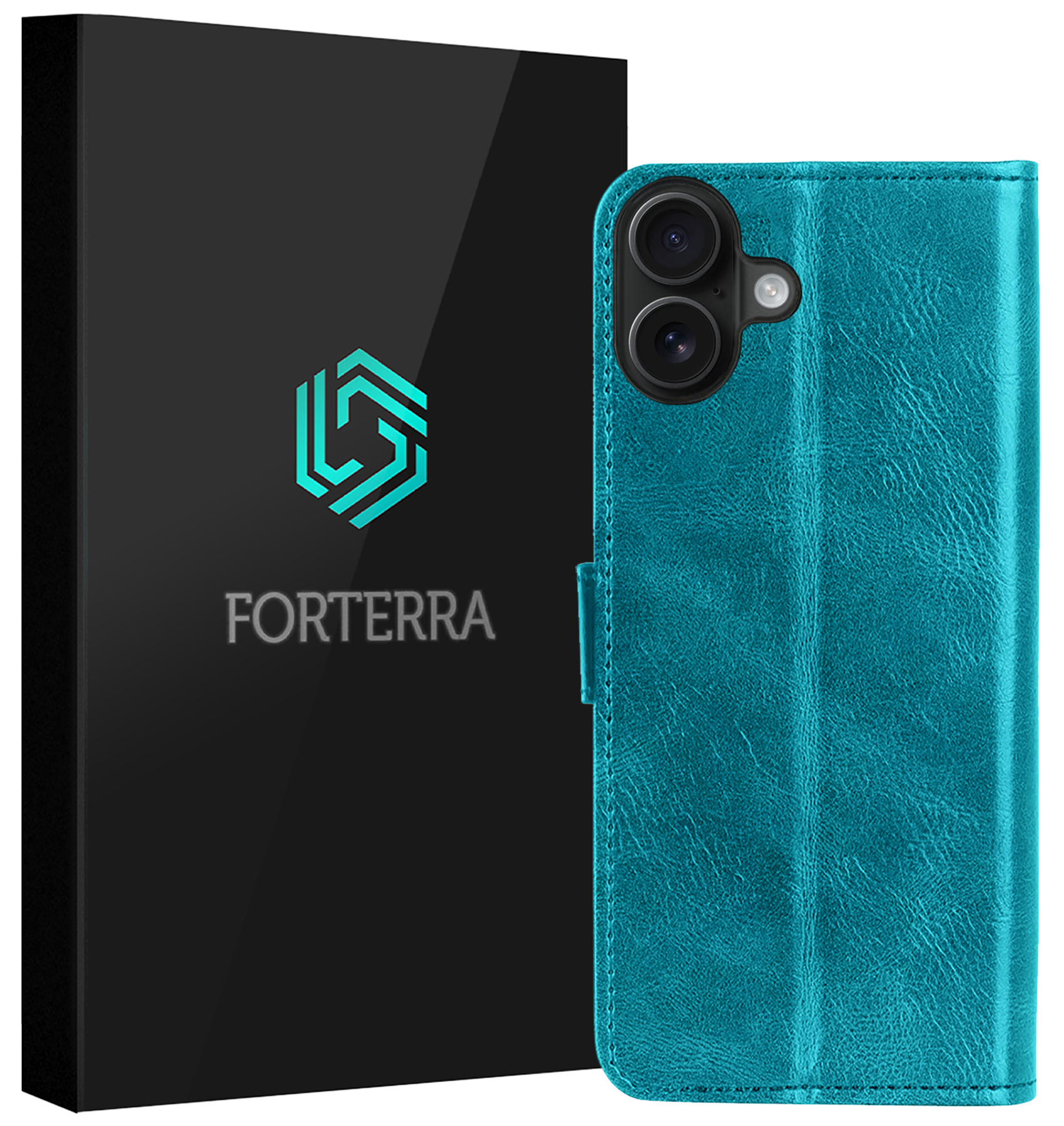 Forterra Hoesje Geschikt voor iPhone 16 Plus Book Case Kunstleer Hoes - Hoes Geschikt voor iPhone 16 Plus Hoesje Bookcase Met Pasjeshouder - Turquoise