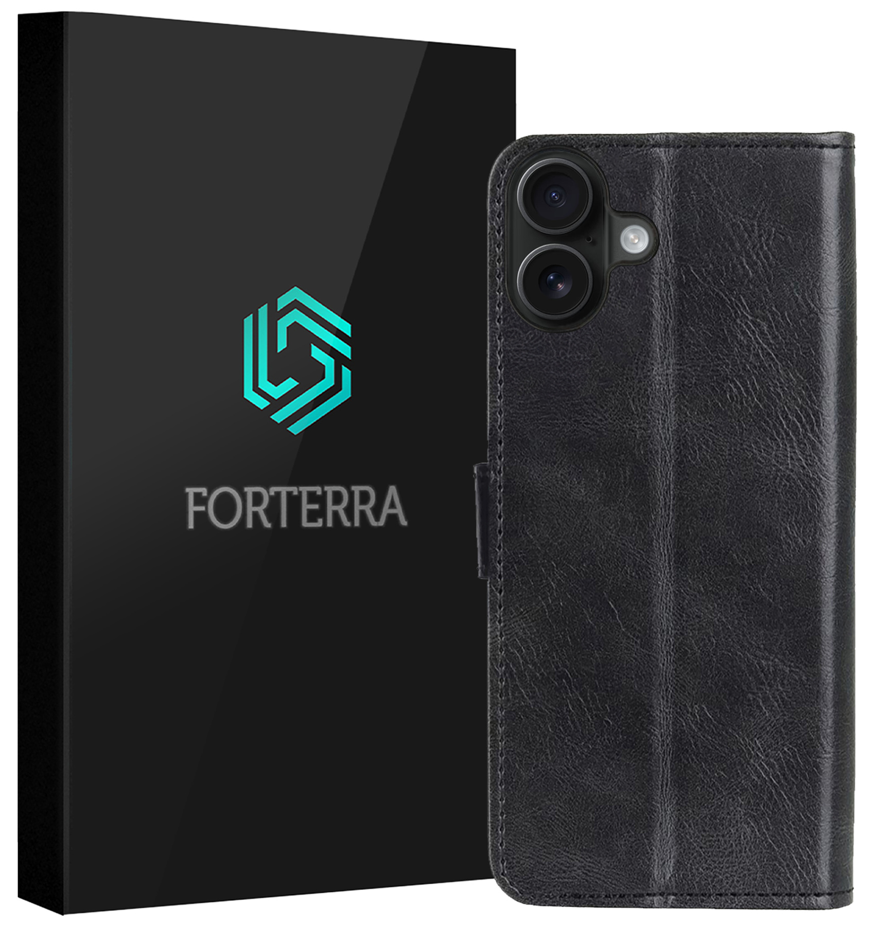 Forterra Hoesje Geschikt voor iPhone 16 Plus Book Case Kunstleer Hoes - Hoes Geschikt voor iPhone 16 Plus Hoesje Bookcase Met Pasjeshouder - Zwart