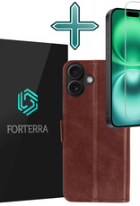 Forterra Hoesje Geschikt voor iPhone 16 Plus Book Case Kunstleer Hoes Met Screenprotector - Hoes Geschikt voor iPhone 16 Plus Hoesje Bookcase Met Pasjeshouder - Bruin