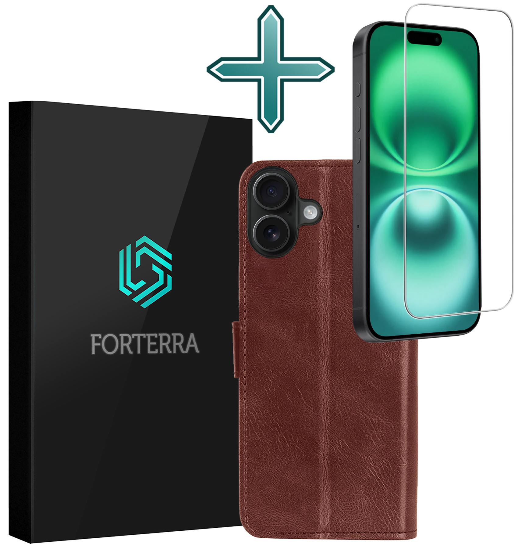 Forterra Hoesje Geschikt voor iPhone 16 Plus Book Case Kunstleer Hoes Met Screenprotector - Hoes Geschikt voor iPhone 16 Plus Hoesje Bookcase Met Pasjeshouder - Bruin