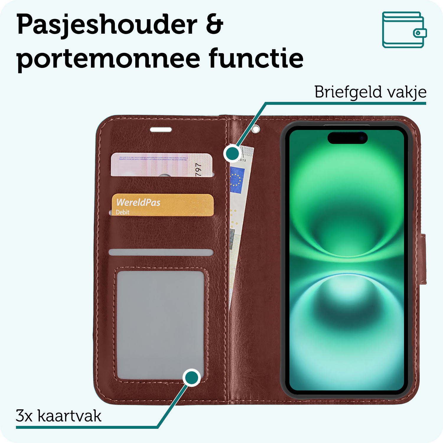 Forterra Hoesje Geschikt voor iPhone 16 Plus Book Case Kunstleer Hoes Met Screenprotector - Hoes Geschikt voor iPhone 16 Plus Hoesje Bookcase Met Pasjeshouder - Bruin