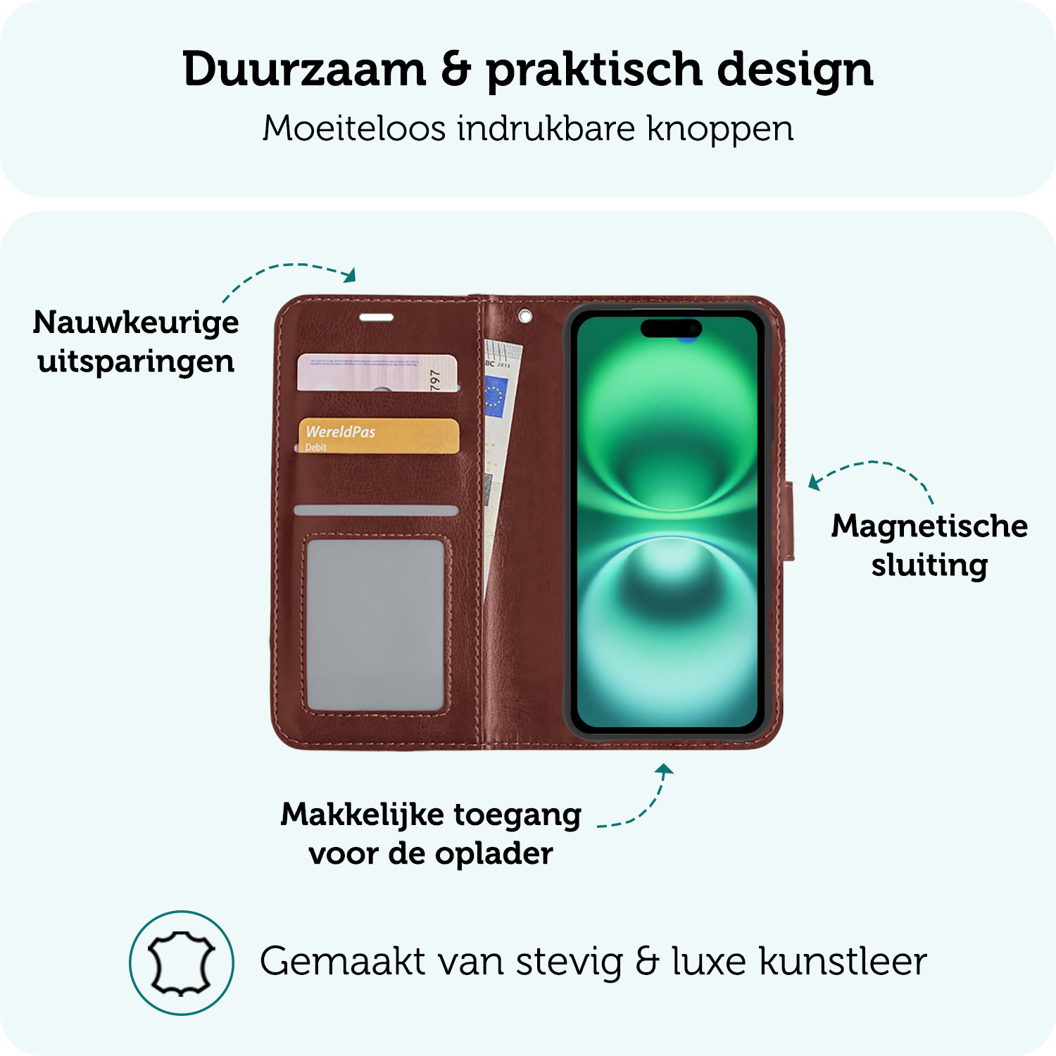 Forterra Hoesje Geschikt voor iPhone 16 Plus Book Case Kunstleer Hoes Met Screenprotector - Hoes Geschikt voor iPhone 16 Plus Hoesje Bookcase Met Pasjeshouder - Bruin