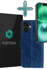 Forterra Hoesje Geschikt voor iPhone 16 Plus Book Case Kunstleer Hoes Met Screenprotector - Hoes Geschikt voor iPhone 16 Plus Hoesje Bookcase Met Pasjeshouder - Donkerblauw