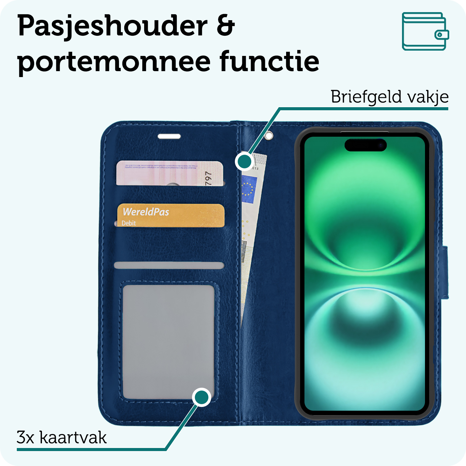 Forterra Hoesje Geschikt voor iPhone 16 Plus Book Case Kunstleer Hoes Met Screenprotector - Hoes Geschikt voor iPhone 16 Plus Hoesje Bookcase Met Pasjeshouder - Donkerblauw