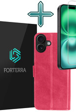 Forterra Hoesje Geschikt voor iPhone 16 Plus Book Case Kunstleer Hoes Met Screenprotector - Hoes Geschikt voor iPhone 16 Plus Hoesje Bookcase Met Pasjeshouder - Donkerroze