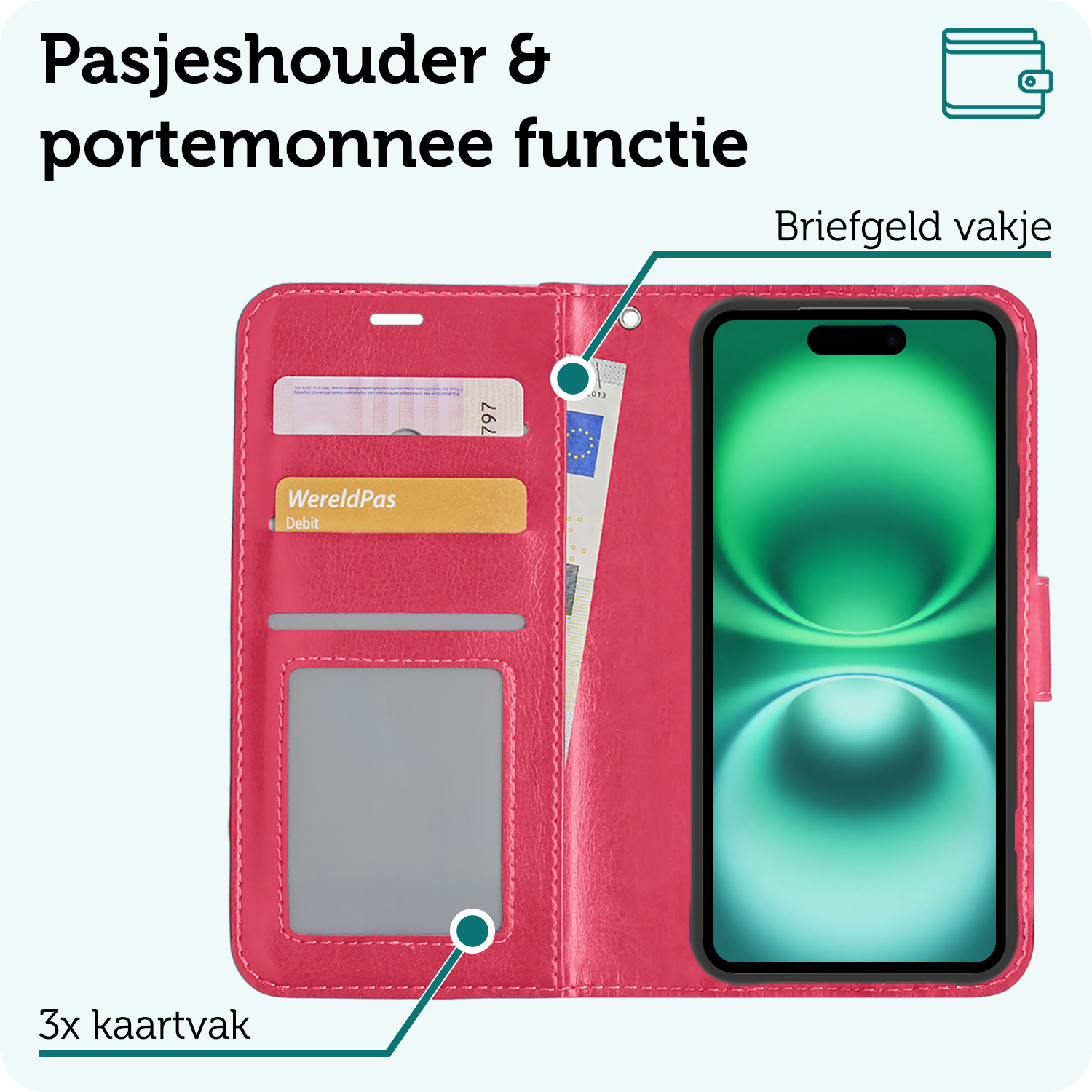 Forterra Hoesje Geschikt voor iPhone 16 Plus Book Case Kunstleer Hoes Met Screenprotector - Hoes Geschikt voor iPhone 16 Plus Hoesje Bookcase Met Pasjeshouder - Donkerroze