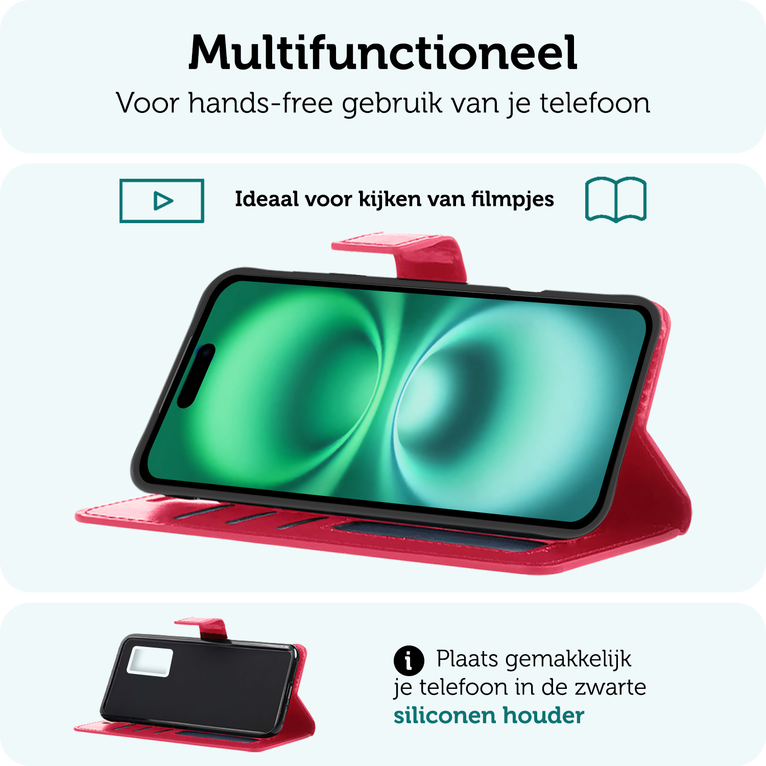 Forterra Hoesje Geschikt voor iPhone 16 Plus Book Case Kunstleer Hoes Met Screenprotector - Hoes Geschikt voor iPhone 16 Plus Hoesje Bookcase Met Pasjeshouder - Donkerroze