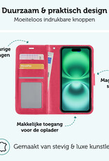Forterra Hoesje Geschikt voor iPhone 16 Plus Book Case Kunstleer Hoes Met Screenprotector - Hoes Geschikt voor iPhone 16 Plus Hoesje Bookcase Met Pasjeshouder - Donkerroze