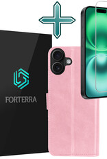 Forterra Hoesje Geschikt voor iPhone 16 Plus Book Case Kunstleer Hoes Met Screenprotector - Hoes Geschikt voor iPhone 16 Plus Hoesje Bookcase Met Pasjeshouder - Lichtroze
