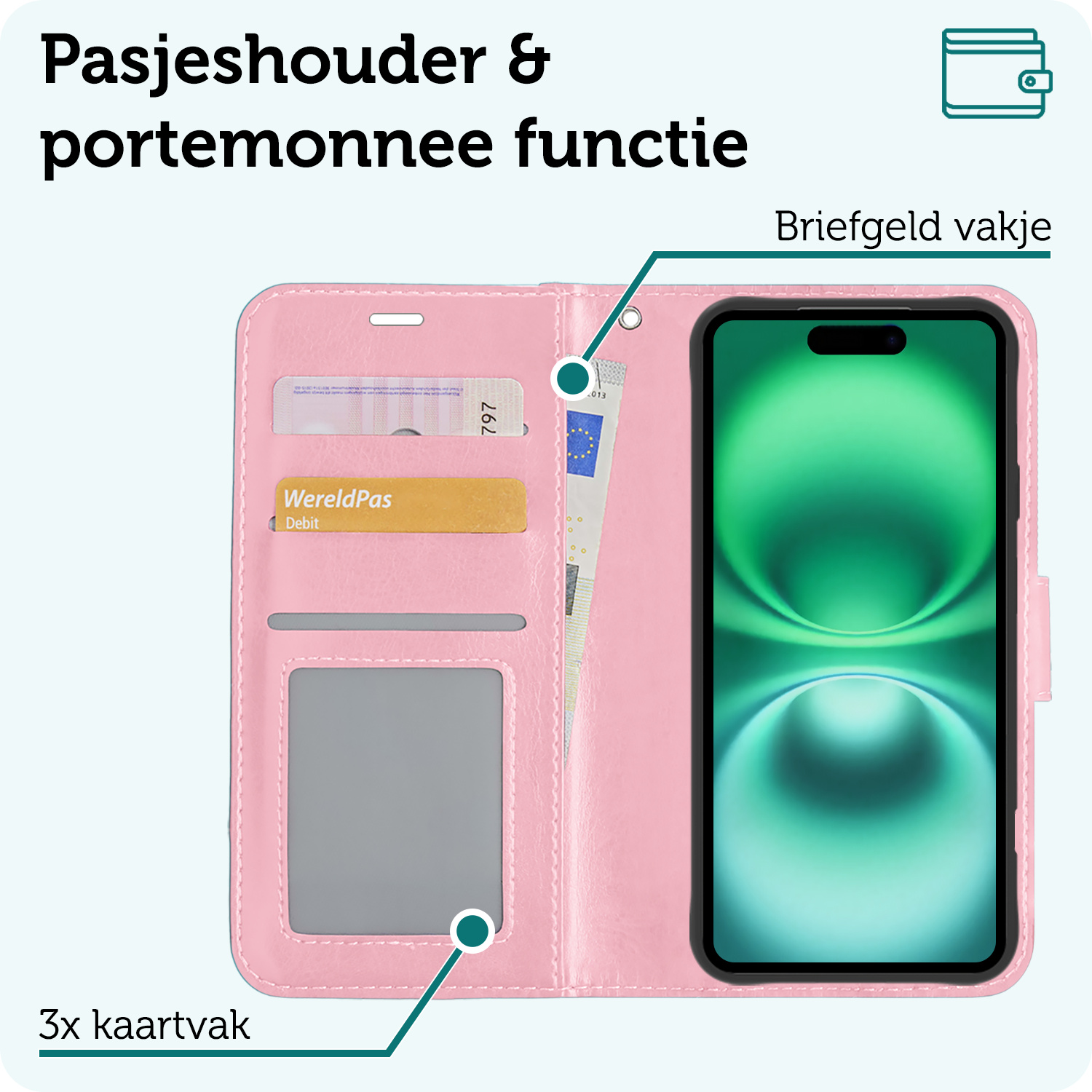Forterra Hoesje Geschikt voor iPhone 16 Plus Book Case Kunstleer Hoes Met Screenprotector - Hoes Geschikt voor iPhone 16 Plus Hoesje Bookcase Met Pasjeshouder - Lichtroze