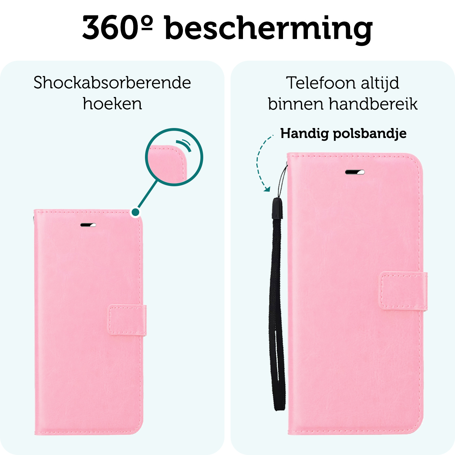 Forterra Hoesje Geschikt voor iPhone 16 Plus Book Case Kunstleer Hoes Met Screenprotector - Hoes Geschikt voor iPhone 16 Plus Hoesje Bookcase Met Pasjeshouder - Lichtroze
