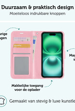 Forterra Hoesje Geschikt voor iPhone 16 Plus Book Case Kunstleer Hoes Met Screenprotector - Hoes Geschikt voor iPhone 16 Plus Hoesje Bookcase Met Pasjeshouder - Lichtroze