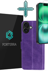 Forterra Hoesje Geschikt voor iPhone 16 Plus Book Case Kunstleer Hoes Met Screenprotector - Hoes Geschikt voor iPhone 16 Plus Hoesje Bookcase Met Pasjeshouder - Paars