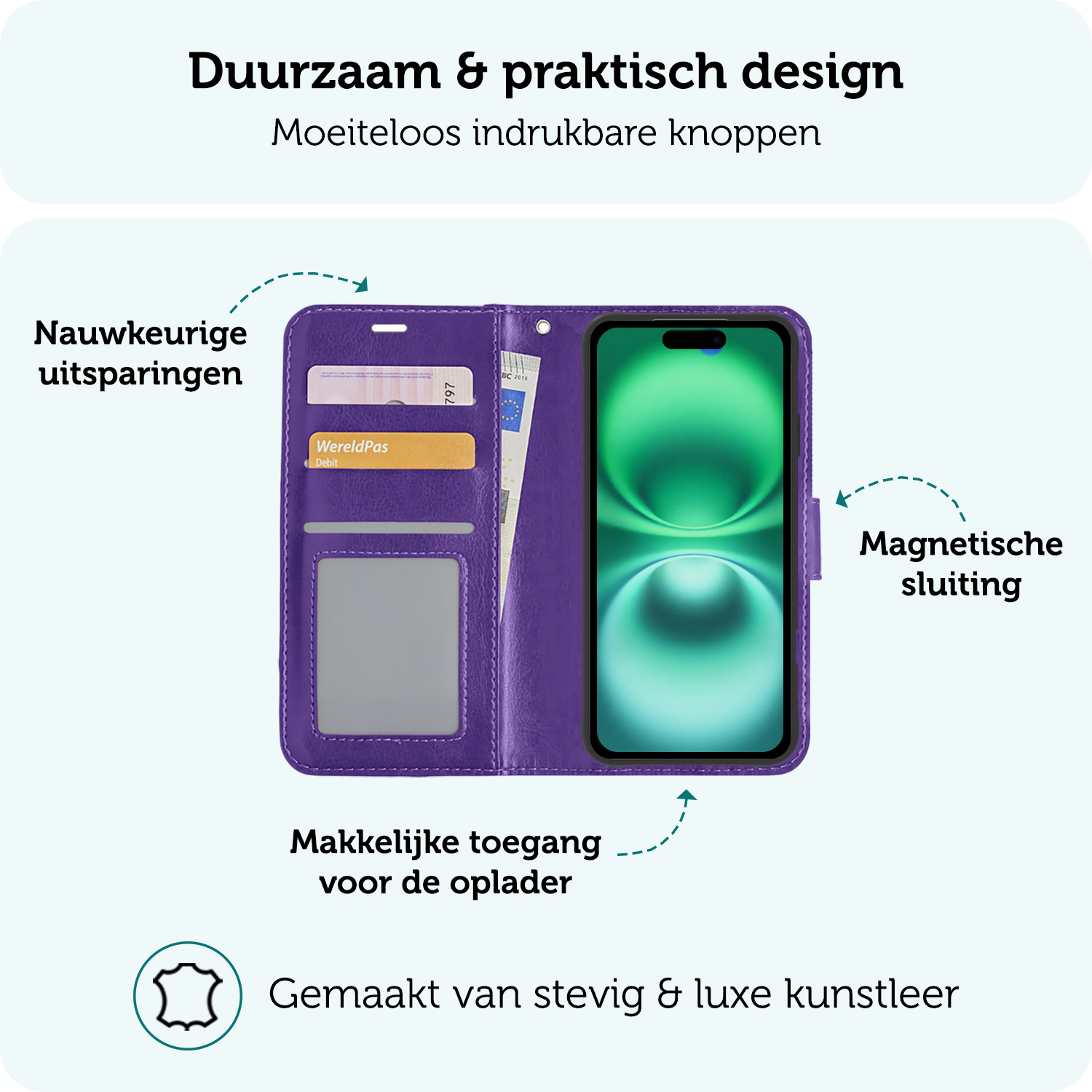 Forterra Hoesje Geschikt voor iPhone 16 Plus Book Case Kunstleer Hoes Met Screenprotector - Hoes Geschikt voor iPhone 16 Plus Hoesje Bookcase Met Pasjeshouder - Paars