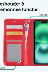Forterra Hoesje Geschikt voor iPhone 16 Plus Book Case Kunstleer Hoes Met Screenprotector - Hoes Geschikt voor iPhone 16 Plus Hoesje Bookcase Met Pasjeshouder - Rood