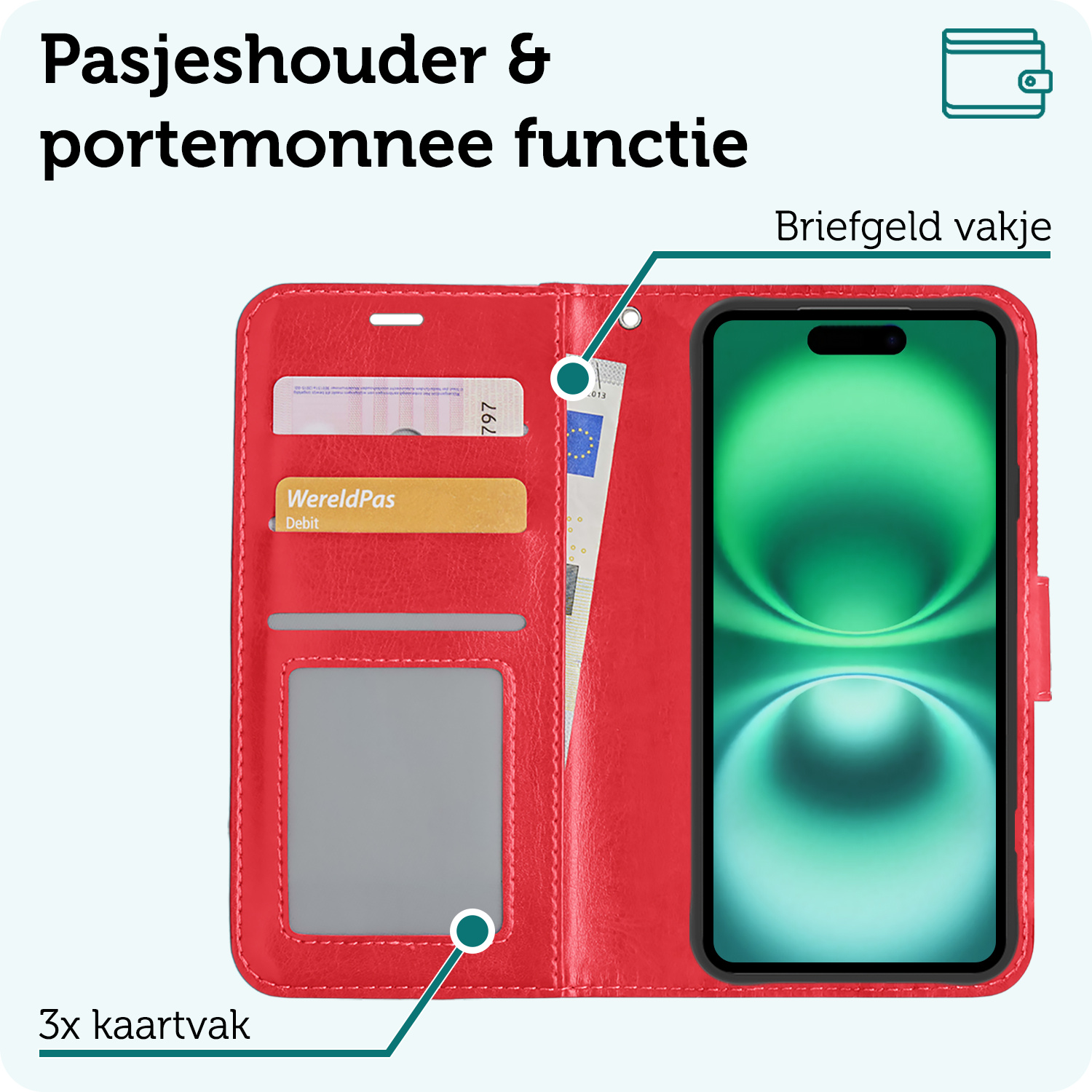 Forterra Hoesje Geschikt voor iPhone 16 Plus Book Case Kunstleer Hoes Met Screenprotector - Hoes Geschikt voor iPhone 16 Plus Hoesje Bookcase Met Pasjeshouder - Rood